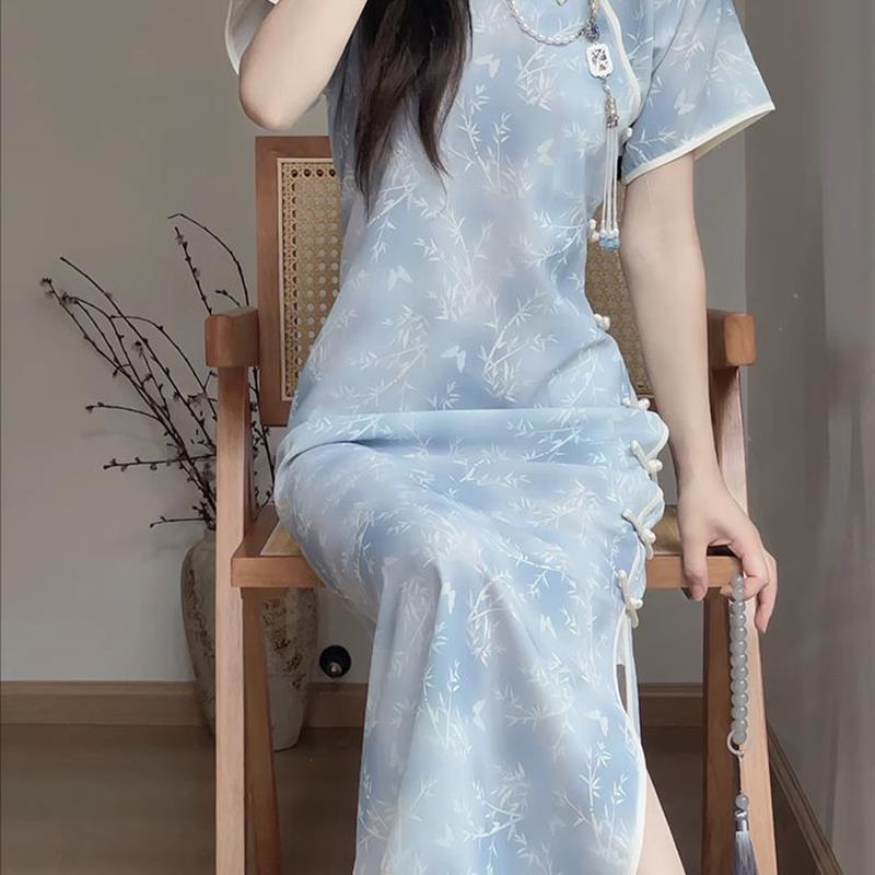 2025新款蓝色旗袍古法优雅范新中式夏季年轻款少女日常复古连衣裙