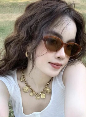 复古猫眼玳瑁橘色墨镜小红书茶色网红太阳眼镜小脸防紫外线高级感