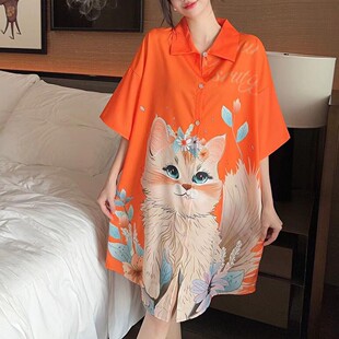 2026女式冰丝睡裙夏季薄款家居服性感开衫睡衣感轻奢宽松可爱睡袍