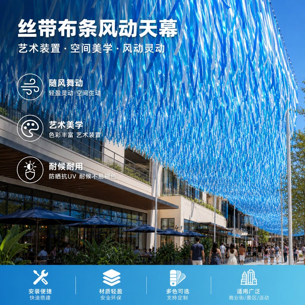 户外风动天幕丝带布条吊顶装饰景区商业街美陈艺术装置网红打卡