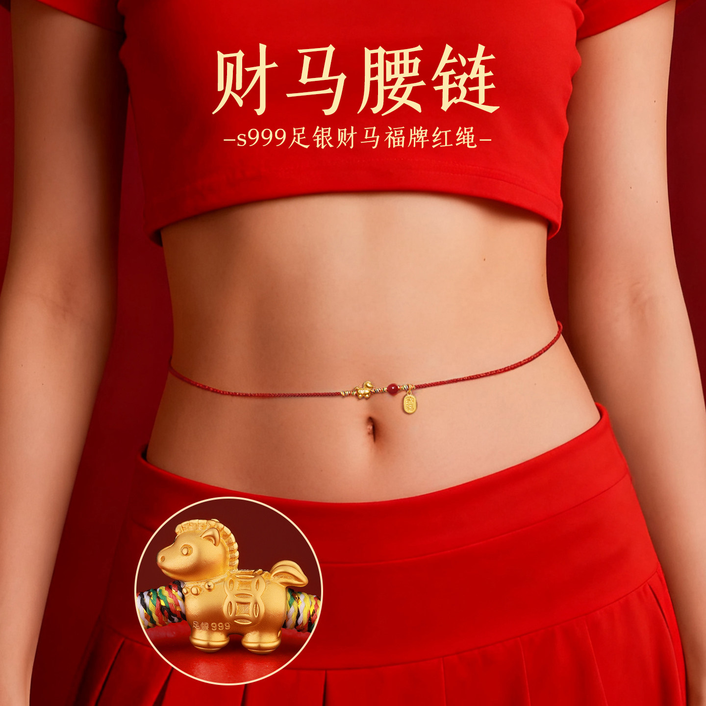本命年朱砂腰绳女s999纯银镀金小马好运常伴腰链复古手工编织红绳,饰品/流行首饰/时尚饰品新,腰链,淘宝优惠券,粉丝福利购,淘宝优惠卷