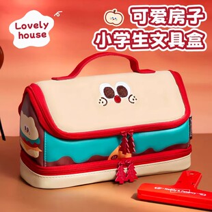日本儿童卡通可爱笔袋小学生女孩双层皮质耐脏防水文具铅笔盒