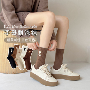 咖色袜子女春秋季 长袜 ins潮外穿网红字母中筒袜棉袜秋冬配鲨鱼裤