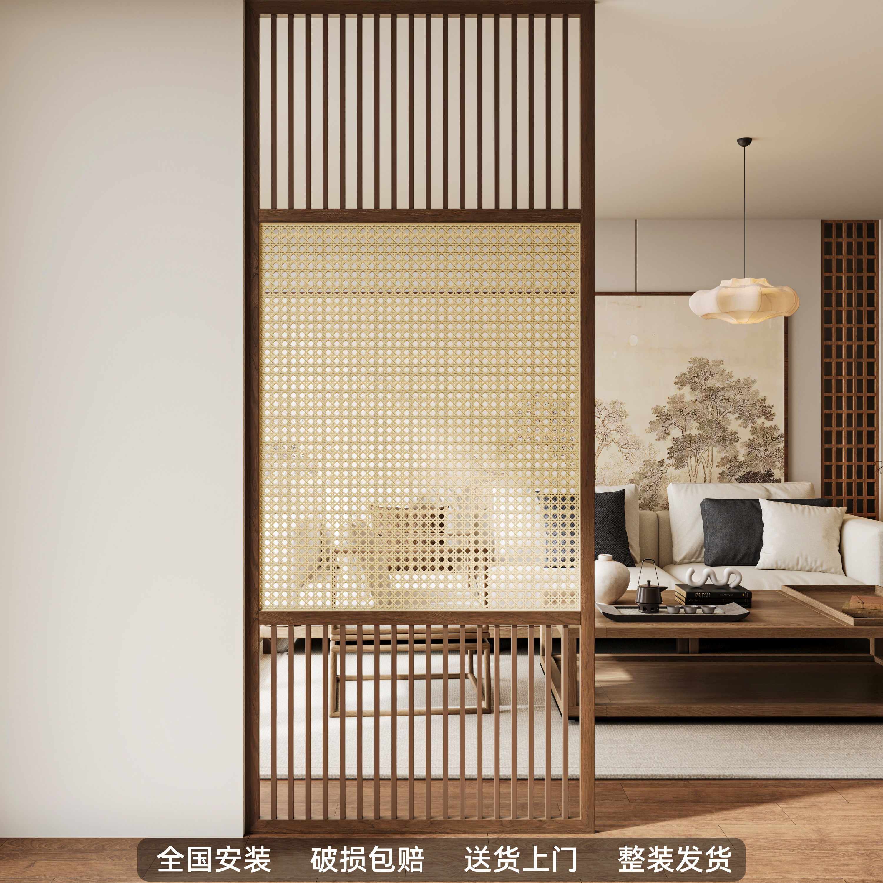 新中式屏风隔断实木编藤客厅入户玄关卧室酒店餐厅宾馆办公室民宿