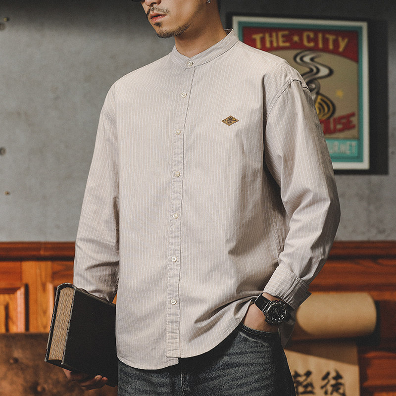 日系复古条纹衬衫男长袖春秋季美式休闲圆领内搭外穿立领衬衣外套