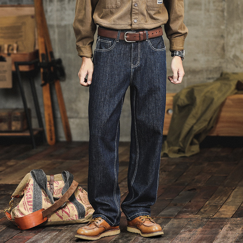 活性染原色牛仔美式复古赤耳丹宁牛仔裤男直筒宽松原牛休闲长裤子