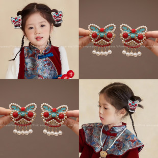 儿童新年醒狮流苏发夹女童刘海夹子古风汉服配饰宝宝过年毛绒头饰