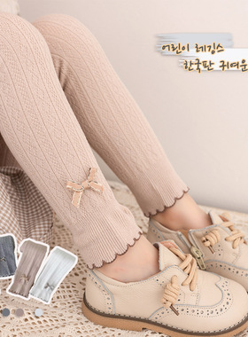 女童打底裤宝宝春秋韩版蝴蝶结花边儿童打底裤女童针织九分裤