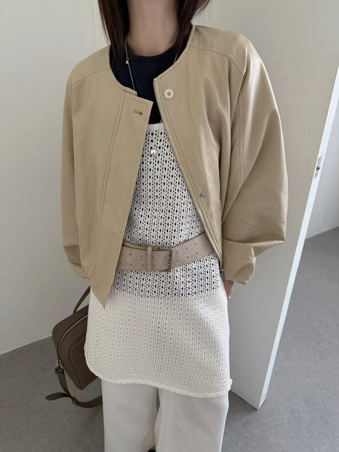 LARTI+韩系复古圆领皮衣外套女2025春季宽松显瘦百搭上衣