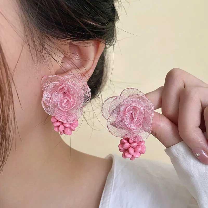 粉色欧根纱玫瑰花耳环