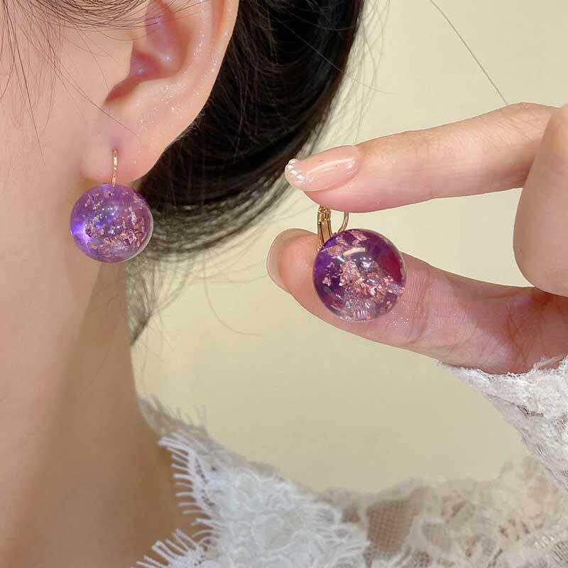 晶莹剔透紫色清透金箔耳环