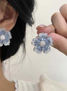 小清新碎钻水晶花朵银针耳钉