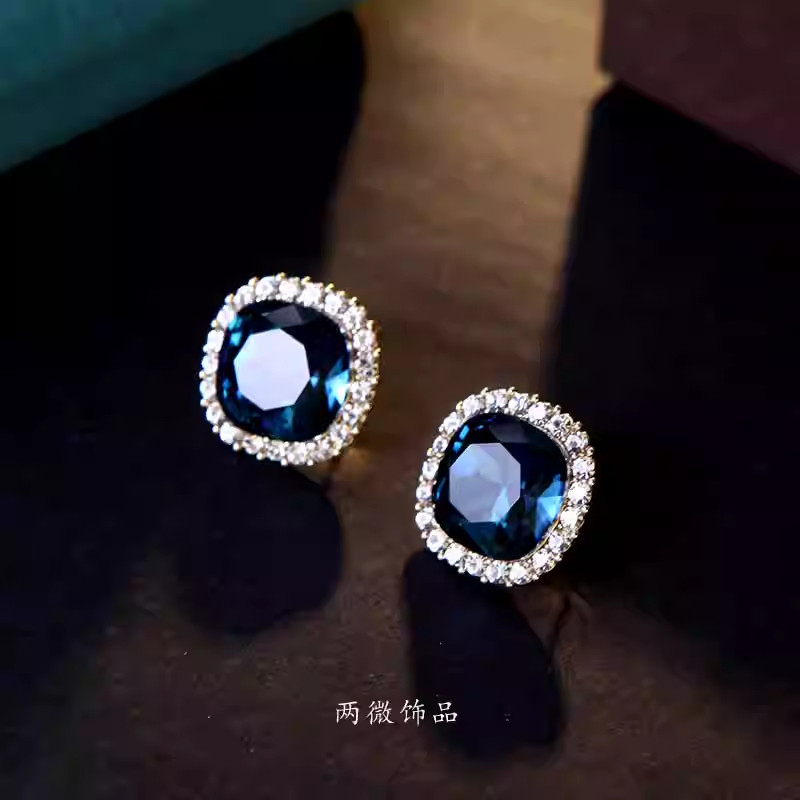 韩版设计感蓝色几何方形耳钉