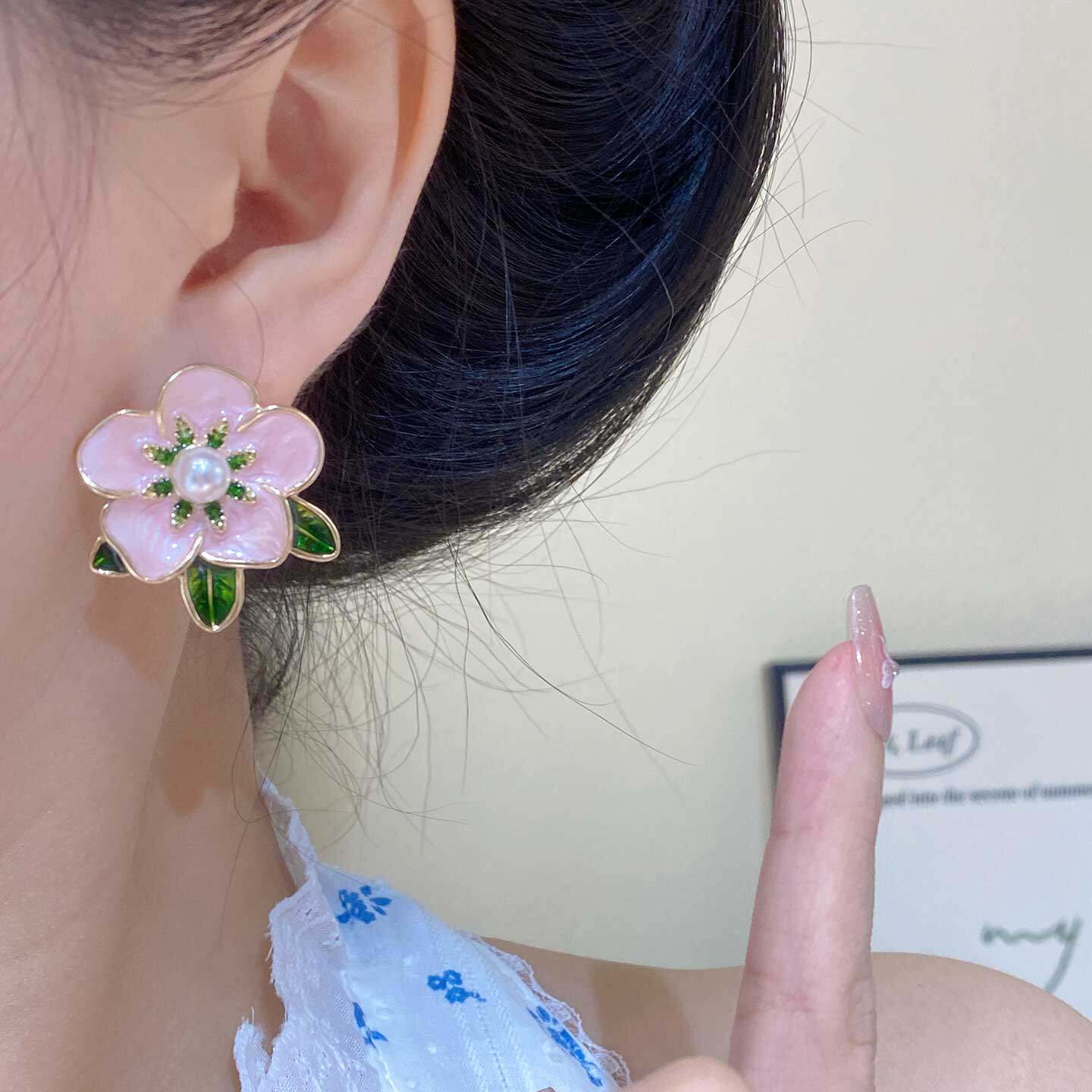 复古小众彩色滴釉花朵耳钉