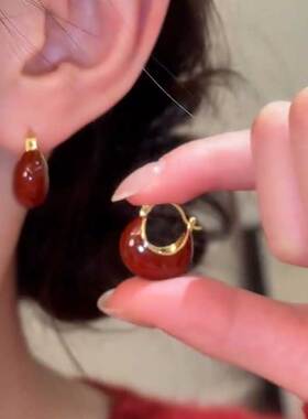 法式复古风红色滴釉摇篮耳扣女简约气质个性百搭耳环秋冬季新款潮
