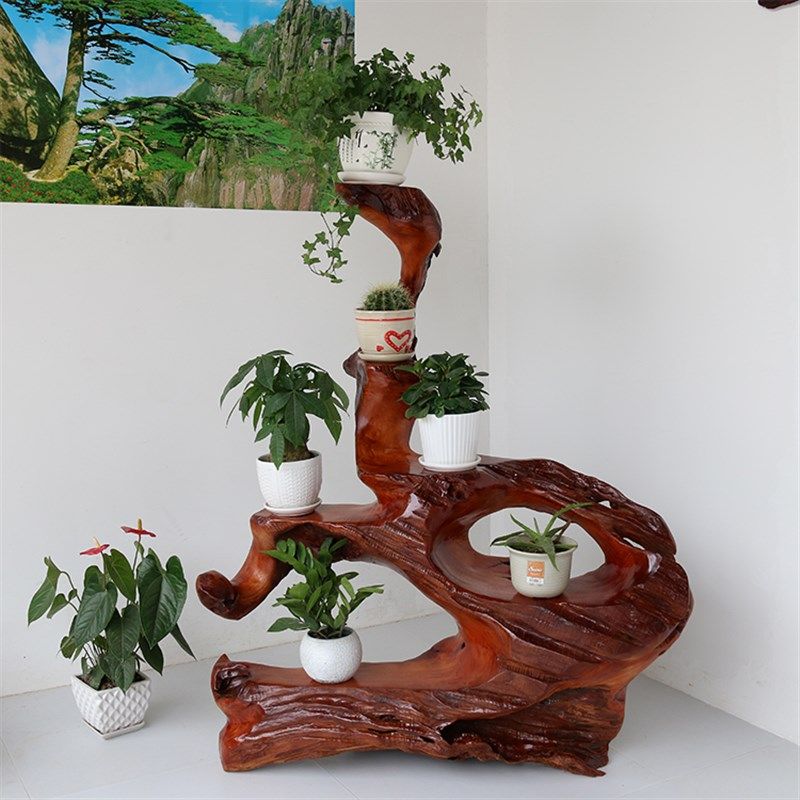 根雕精品花架 木雕盆景架摆件 红椿木整体 自然博古架 客厅家俱
