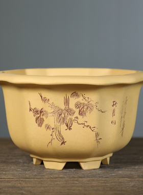 紫砂花盆大口径花盆段泥刻绘透气盆栽绿植老桩陶瓷精品兰花花盆