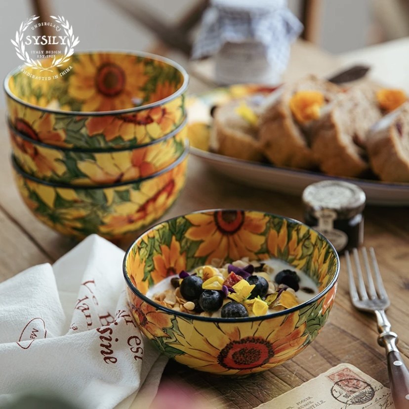 向日葵-5英寸米饭碗4个装釉下彩高颜值陶瓷日常碗家用餐具民族HX,餐饮具,碗,淘宝优惠券,粉丝福利购,淘宝优惠卷