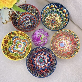 波西米亚爆款家用4.8英寸米饭碗盘子家用混装彩釉陶瓷碗盘组合MM