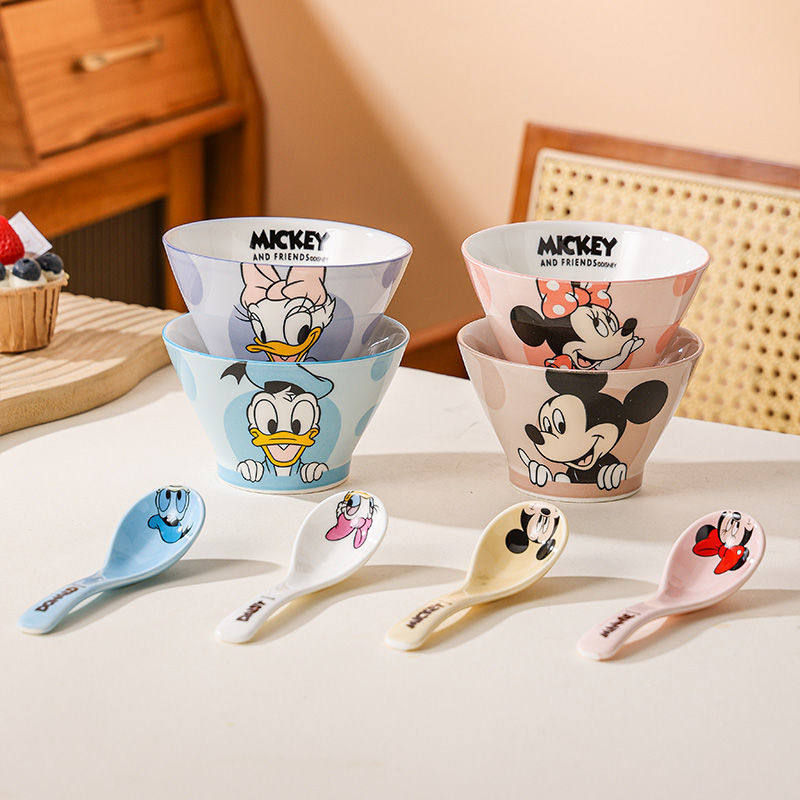 正版迪士尼斗笠陶瓷碗卡通米奇加厚家用儿童可爱高颜值新款米饭碗
