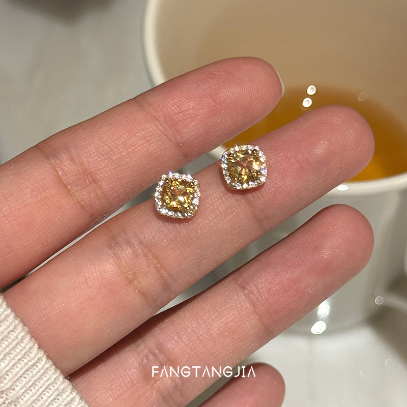 s925纯银黄水晶方糖耳钉女轻奢高级感气质大气耳环小众设计感耳饰,饰品/流行首饰/时尚饰品新,耳钉,淘宝优惠券,粉丝福利购,淘宝优惠卷