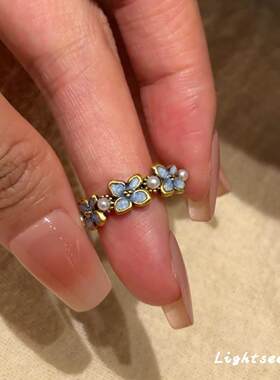 蓝色滴釉花朵仿珍珠戒指小众设计