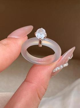 新中式冰透仿白玉髓戒指女精致时尚百搭食指戒小众设计高级感指环