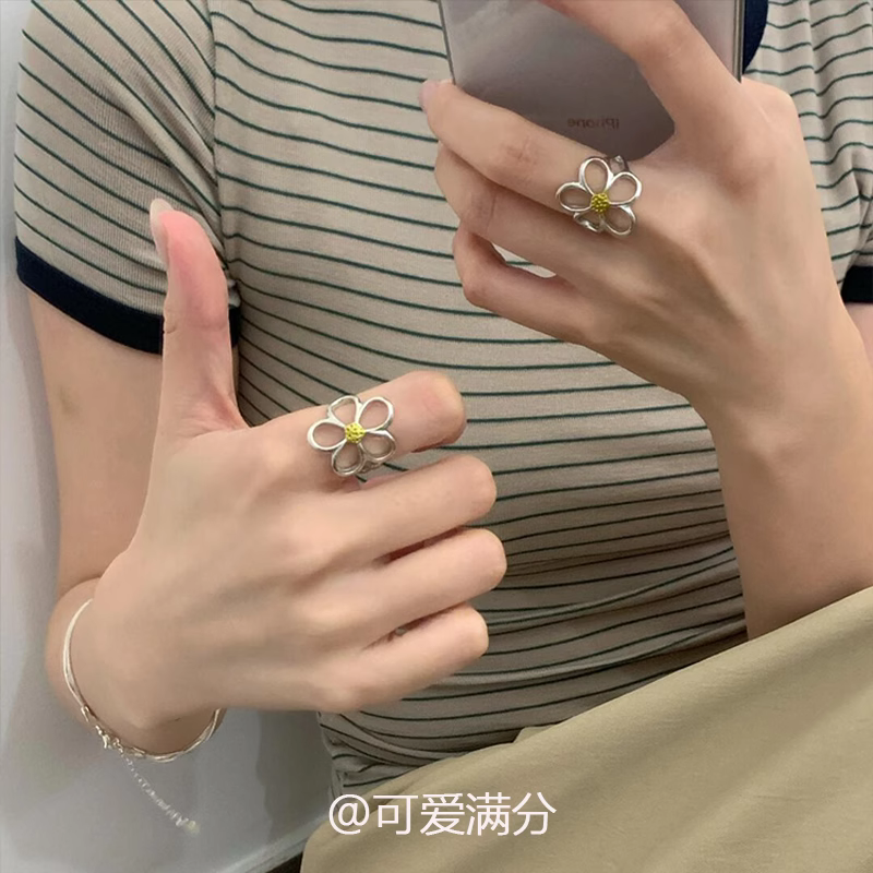 S925纯银镂空做旧雏菊戒指设计感