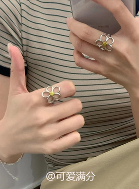 S925纯银镂空做旧雏菊戒指设计感