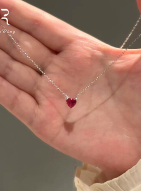 S925纯银玫红色爱心项链韩系简约