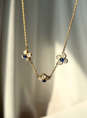 复古爆闪蓝色花朵项链女款高级感