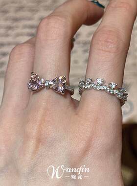 法式仿钻粉色蝴蝶结戒指小众设计