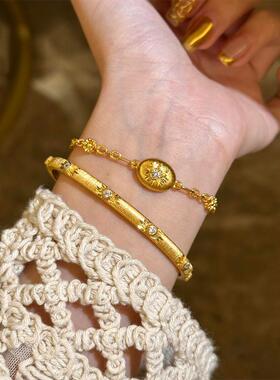 中古金色太阳花仿锆石手镯风复古