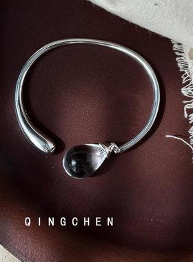 S925纯银白水晶水滴手镯简约轻奢