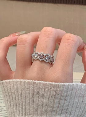 S925纯银镂空微镶冰透蛋面戒指女