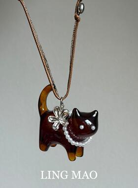 复古棕色花朵小猫珍珠项链