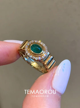 vintage古着感祖母绿钻V金宽口戒