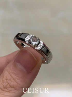 S925纯银清冷感玉髓闪钻宽面戒指