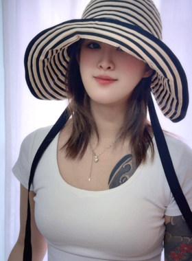 环绕式条纹遮阳帽子女夏季大檐防晒帽可折叠遮脸度假沙滩帽灯罩帽