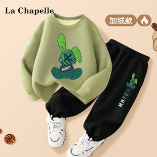 拉夏贝尔男童套装秋冬2026新款男孩保暖裤子大童儿童加绒红色卫衣