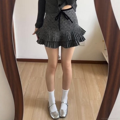 miu系波点蝴蝶结毛呢半身裙女