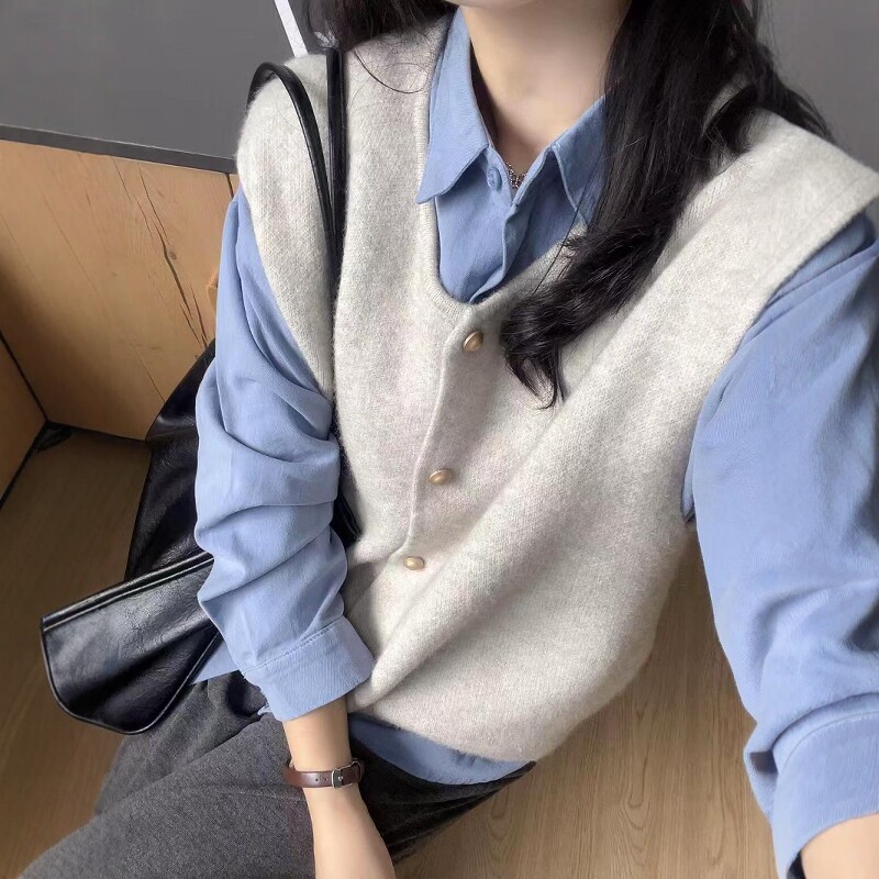小清新气质穿搭上衣两件套女秋季新款翻领衬衫叠穿针织马甲ins