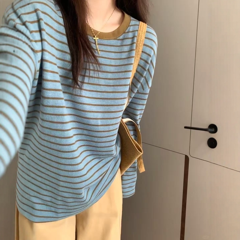 蓝色撞色条纹长袖T恤打底衫上衣