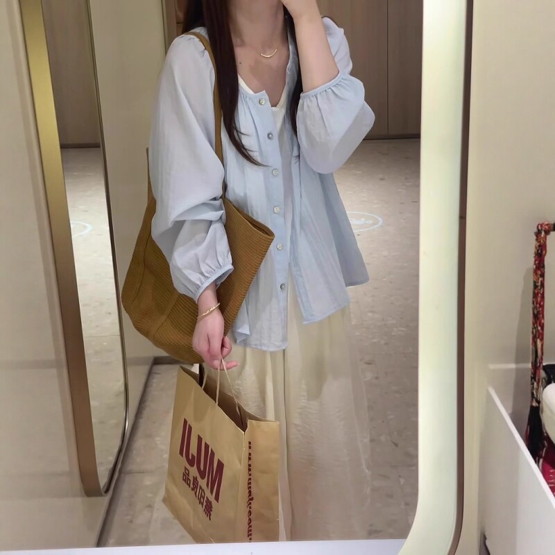 法式灯笼袖亚麻冰丝开衫女图片