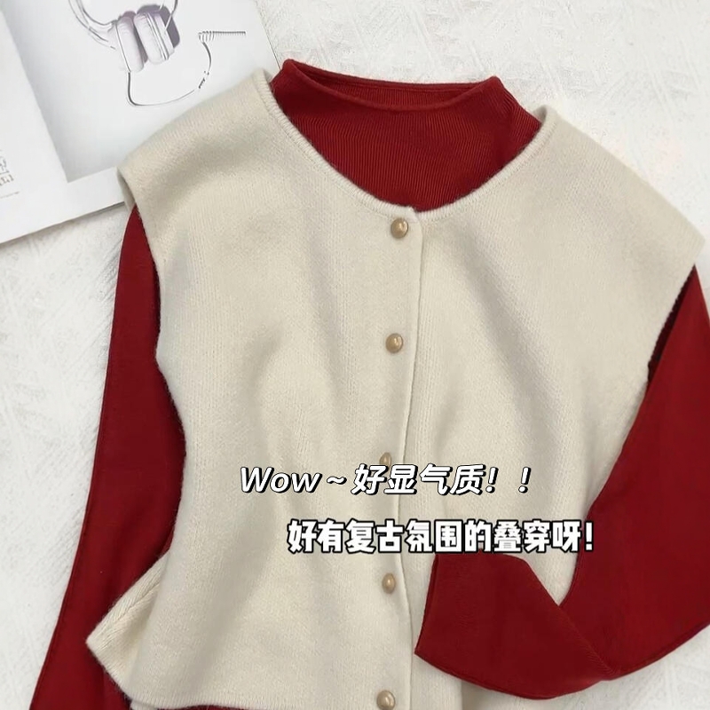 法式复古红色针织打底衫坎肩马甲