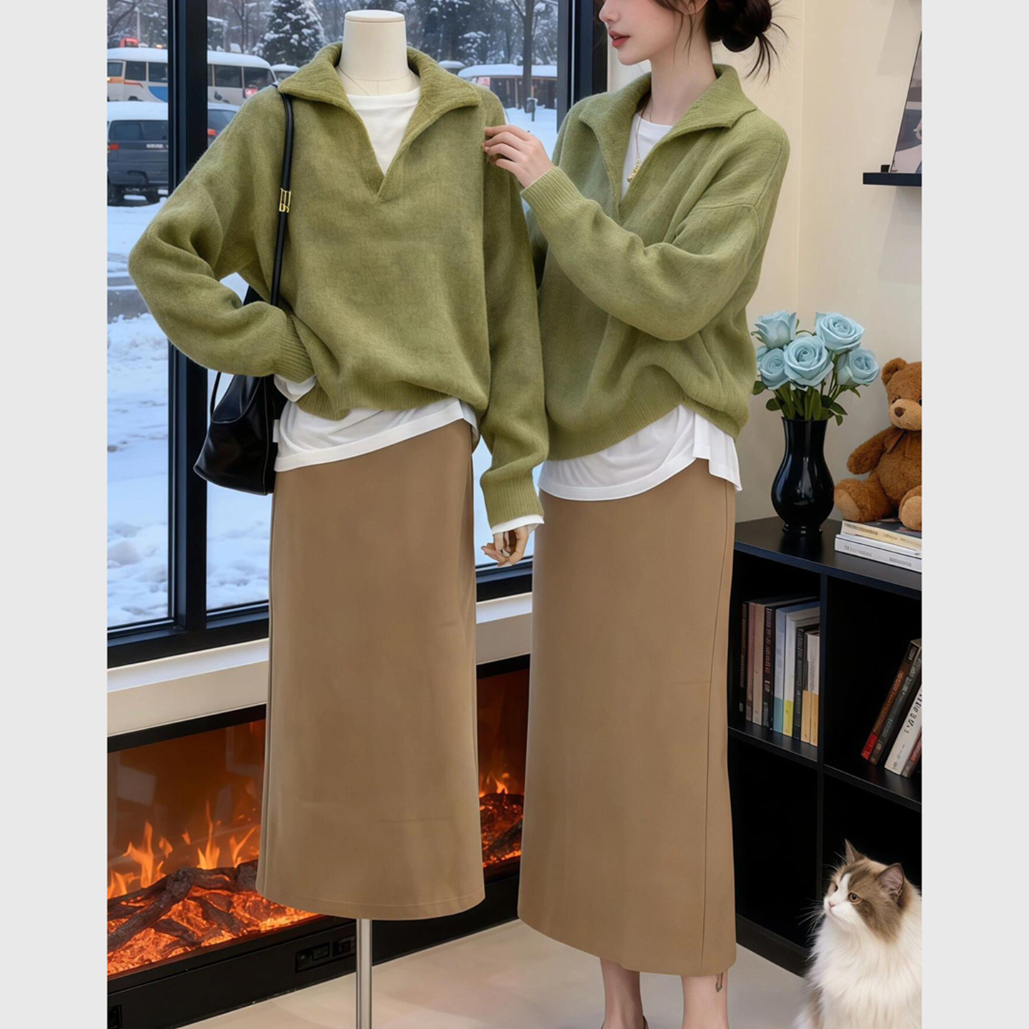 奶fufu羊驼马海毛V领毛衣女