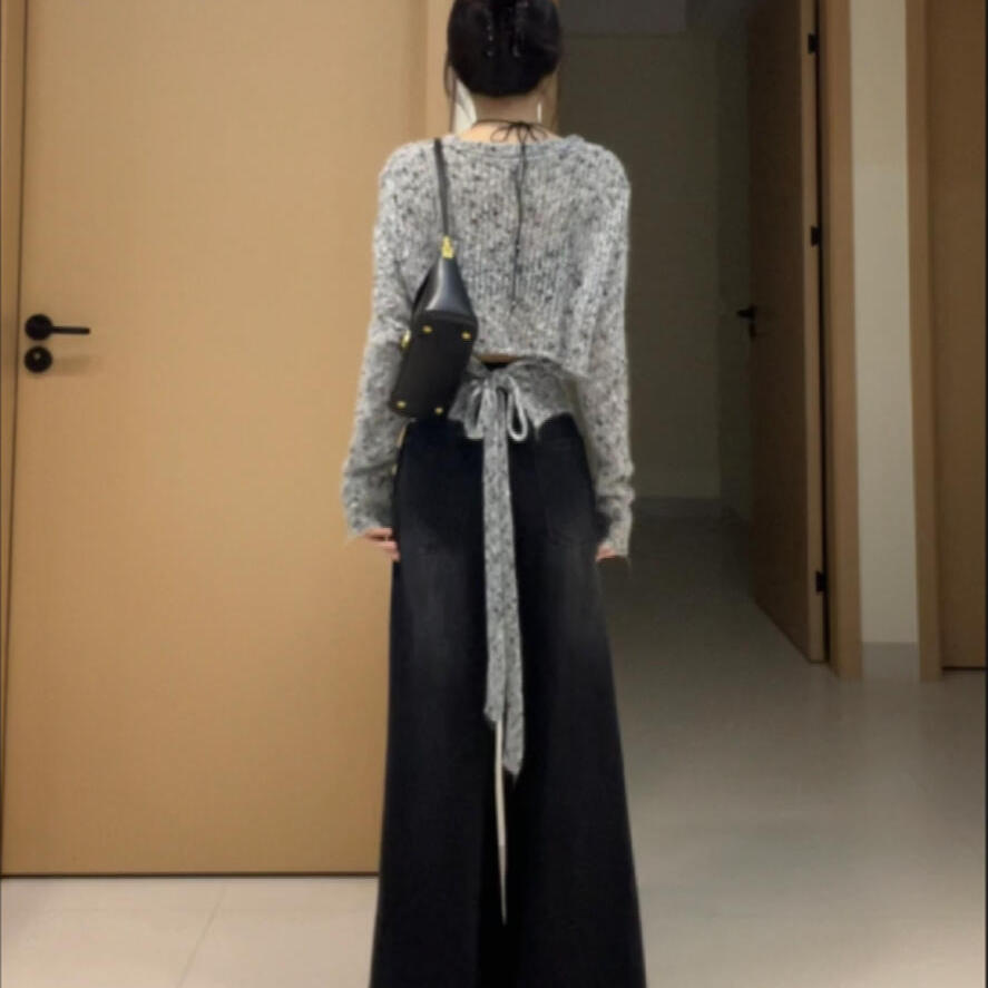 韩系小香风后背绑带针织衫女图片