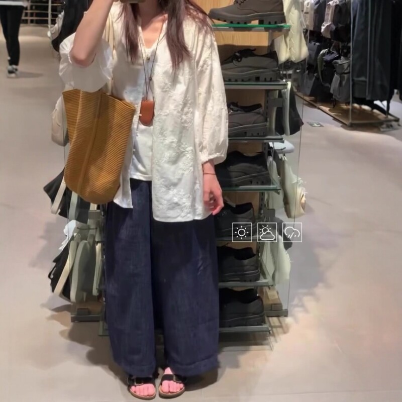 精致花朵刺绣衬衣搭配阔腿裤ins图片