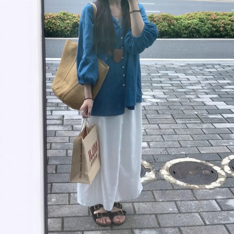 夏季多巴胺小个子穿搭巨好看的日系蓝色棉麻衬衫亚麻半身裙两件套