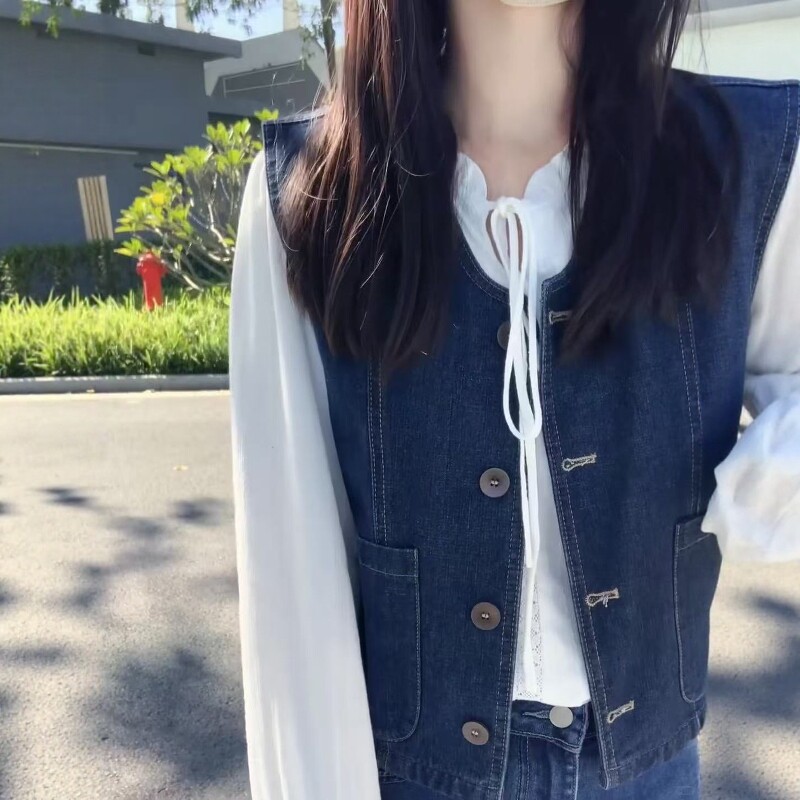 日系复古牛仔坎肩马甲外套女2026春季文艺木耳边衬衫叠穿一整套